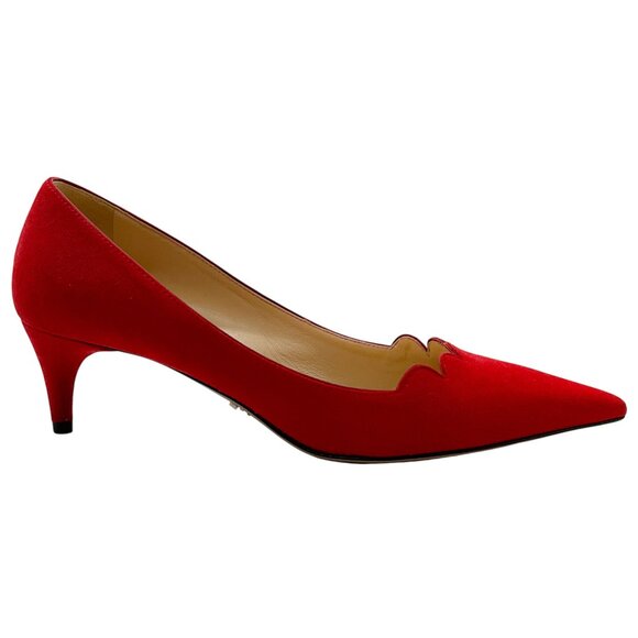 Prada Red Suede Scalloped Edge Kitten Heel Pumps - Picture 2 of 6